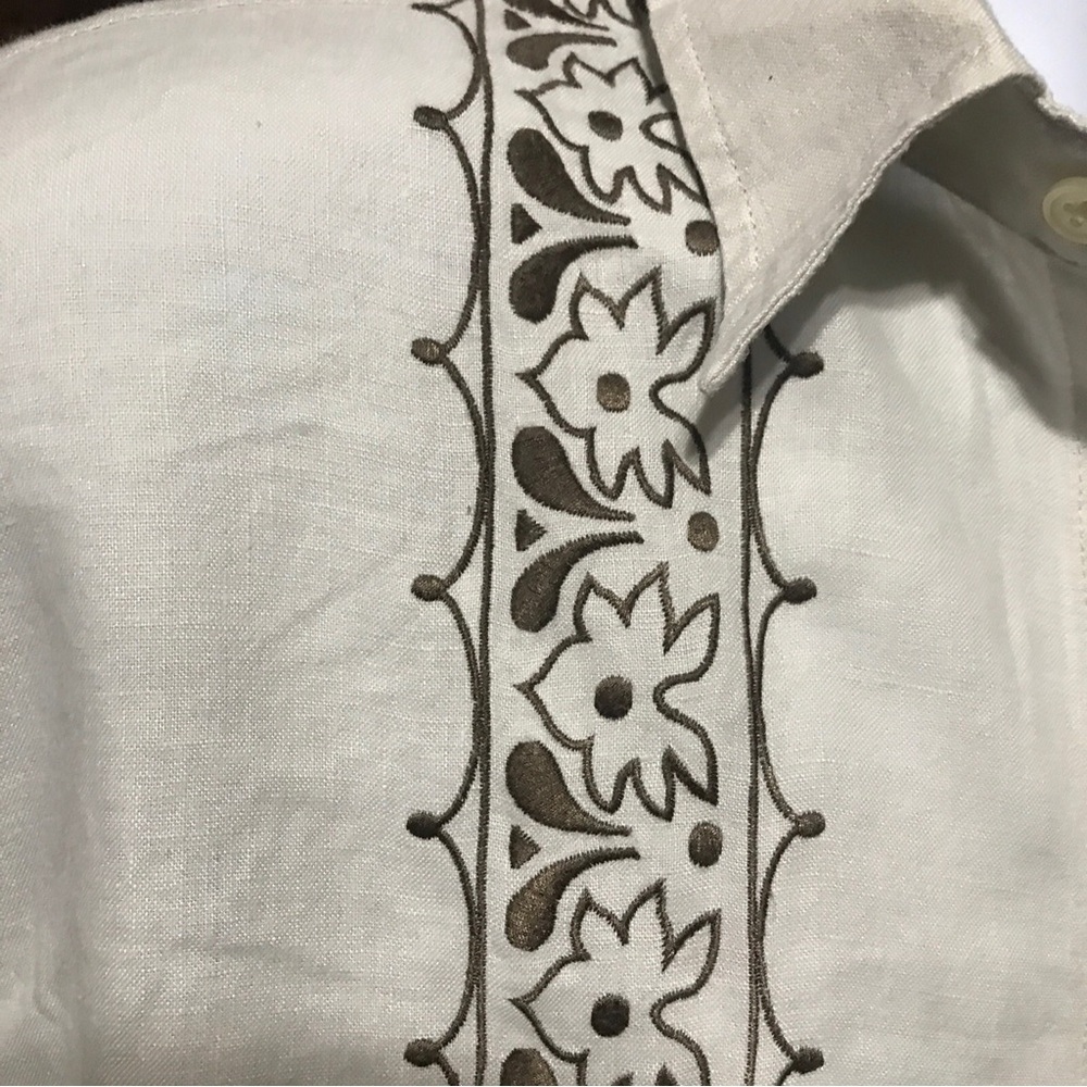 FineLINEN lucky Brand Cream and Brown Casual Button Down Shirt with Embroidery - Picture 2 of 6